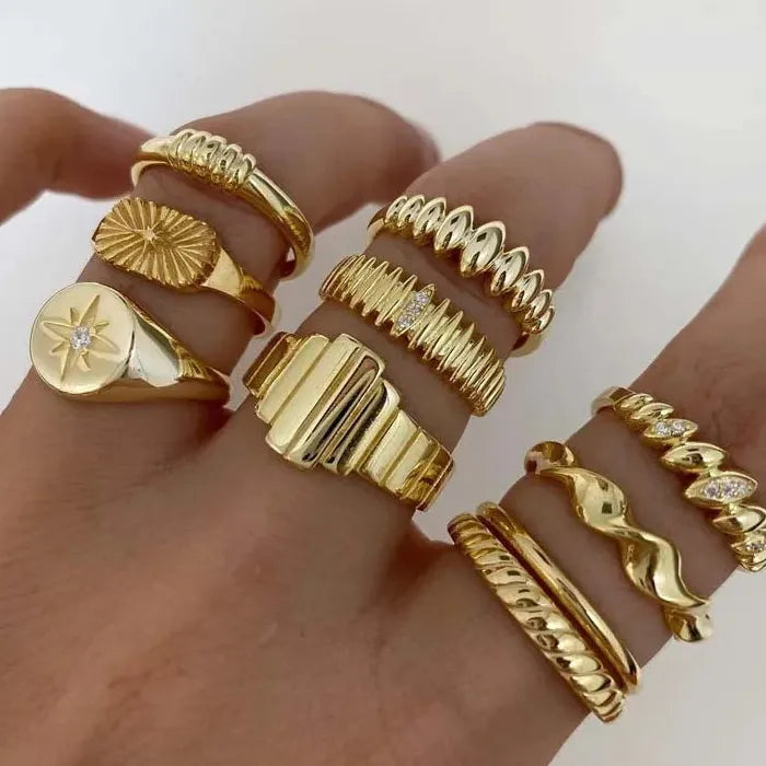 10Pcs Adjustable Gold Star Rings Set for Women Fashion Jewelry Crystal Inlay