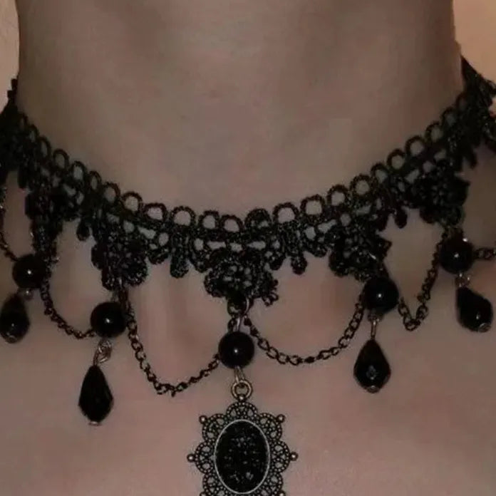 Black Lace Crystal Pendant Necklace Gothic Punk for Women Teens Gift