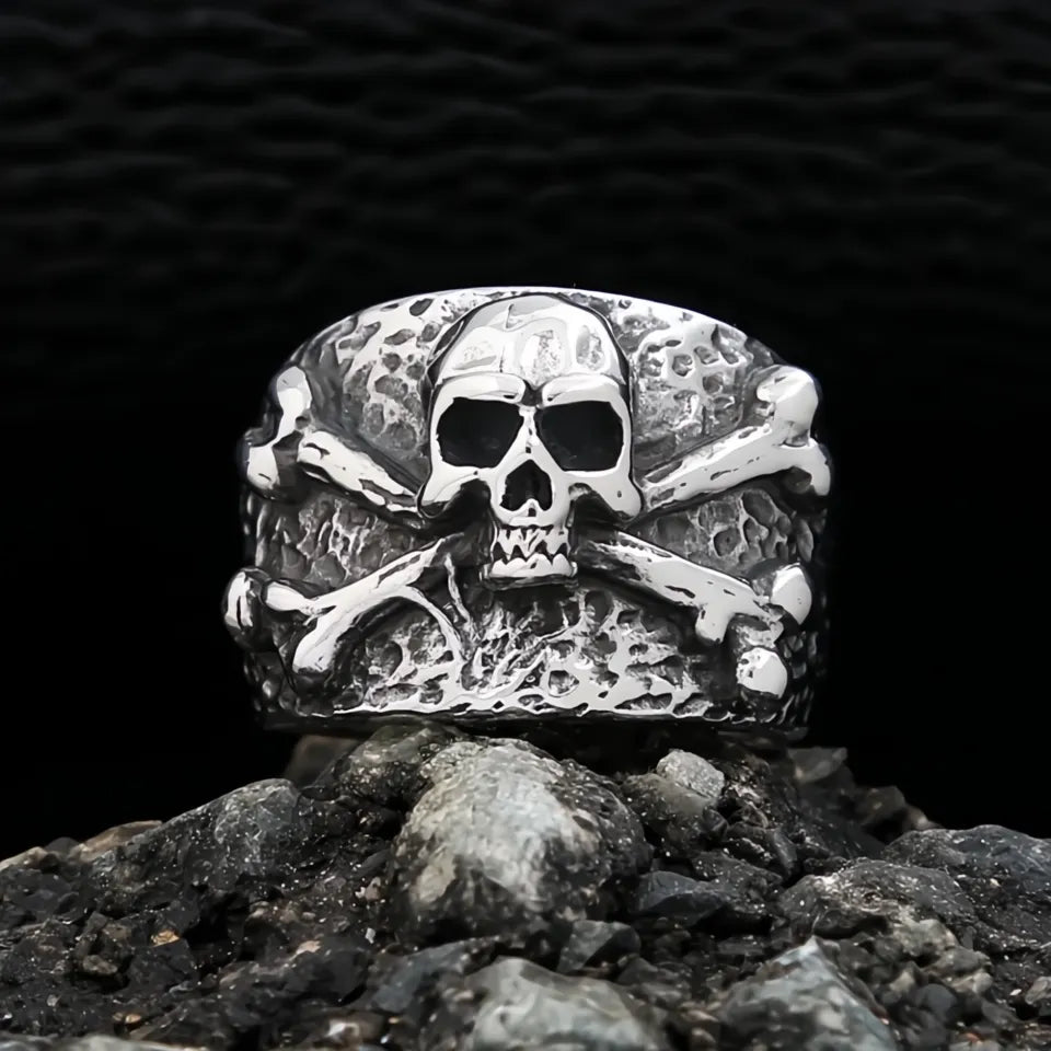 Punk Vintage Stainless Steel Pirate Skull Crossbones Ring for Men Boys Biker Hip Hop Jewelry Gift