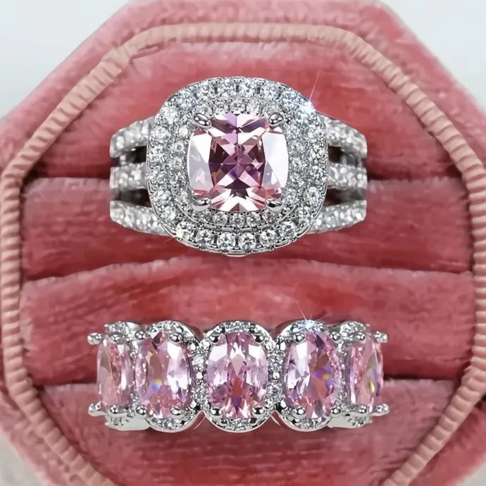 2Pcs Women’s Wedding Rings Set Brass Cubic Zirconia Geometric Bridal Jewelry
