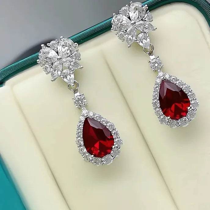 Bright Red Cubic Zirconia Flower Drop Earrings for Women Bridal Wedding Jewelry Gift Copper Alloy