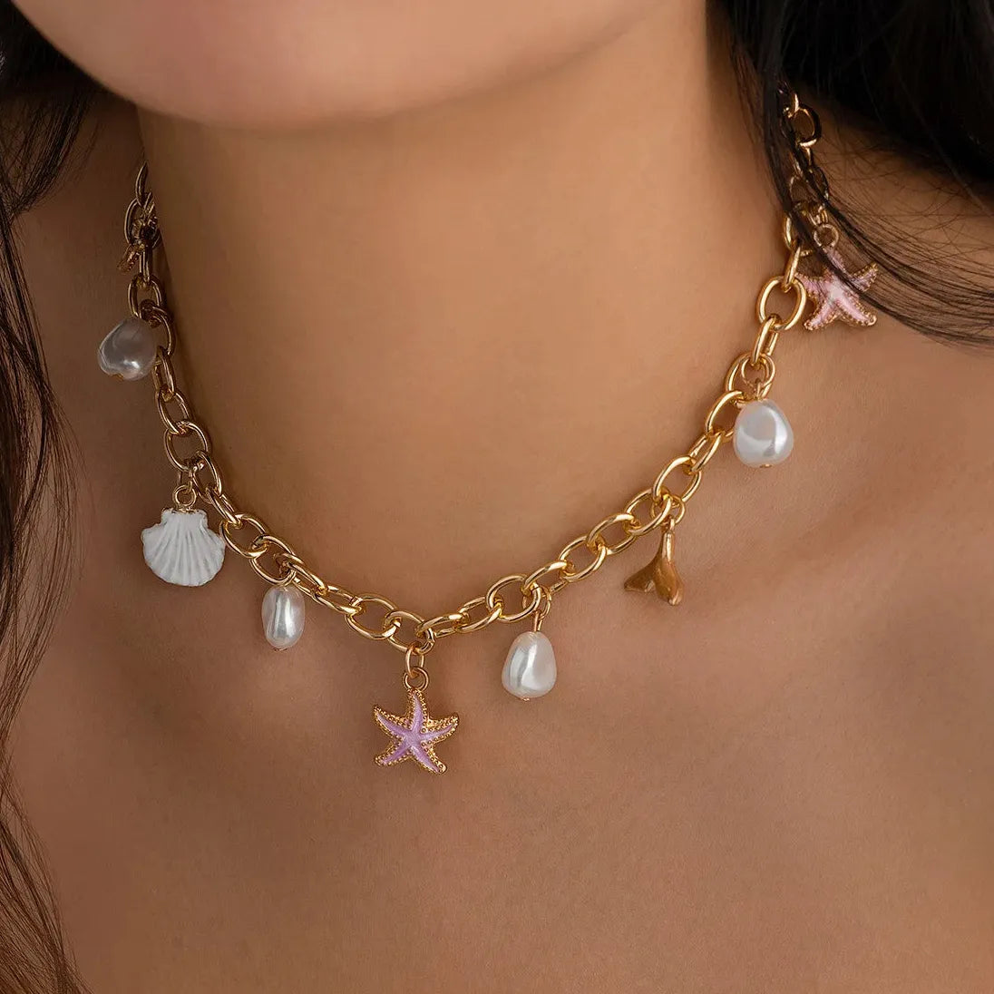 14K Gold Shell Cross Pendant Necklace for Women Boho Beach Charm