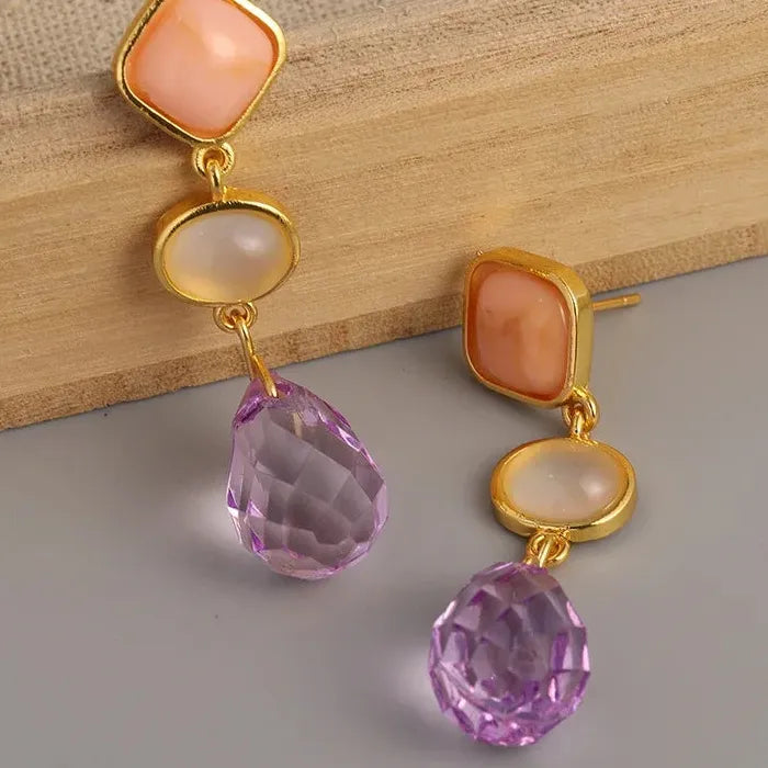 Elegant Purple Synthetic Crystal Geometric Pendant Drop Earrings Zinc Alloy Gemstone