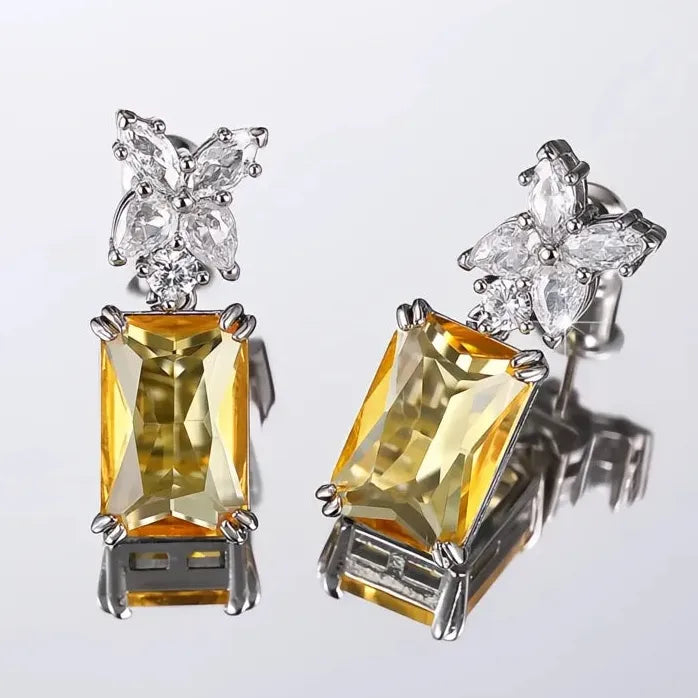 Elegant Square Cubic Zirconia CZ Dangle Earrings Yellow Gold Copper Alloy