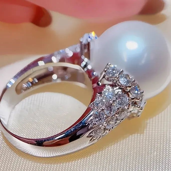 Iced Out CZ Simulated Pearl Wedding Ring for Women Silver Brass Full Bling