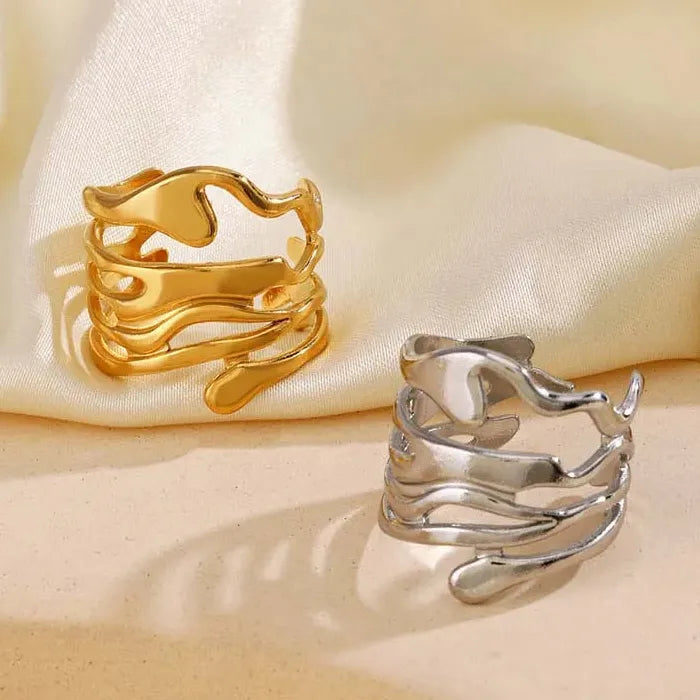 Adjustable Stainless Steel Skeleton Ring Gold Color Wide Band Women Men Jewelry