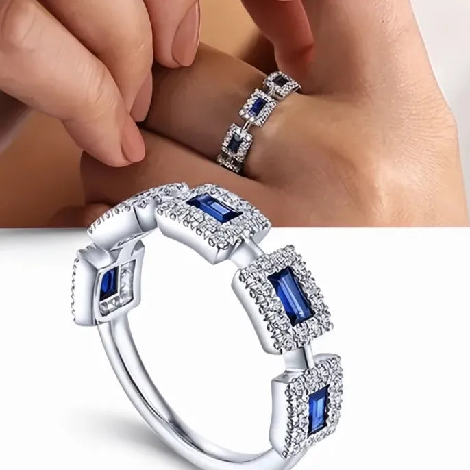 Geometric White Blue CZ Wedding Band Ring for Women Brass Jewelry