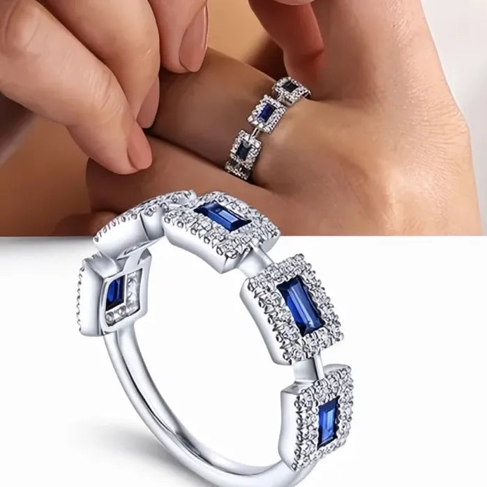 Blue CZ Geometric Brass Wedding Band Ring for Women, Sparkling White