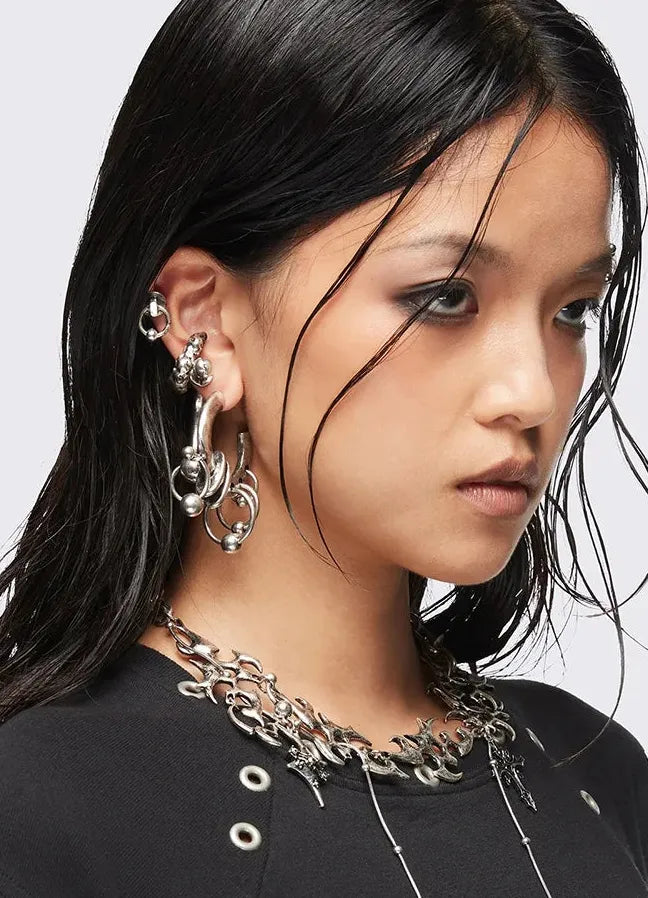 Copper Neo-Gothic Unisex Statement Earrings Bold Curved Beaded Metal Jewelry