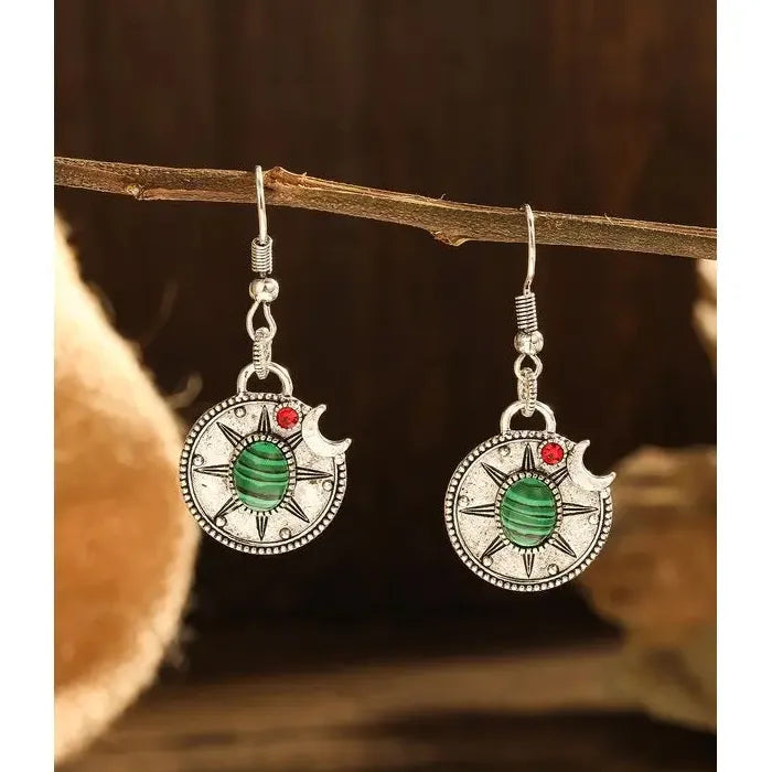 Bohemian Zinc Alloy Earrings Women Retro Circular Geometric Carved Pendant Jewelry