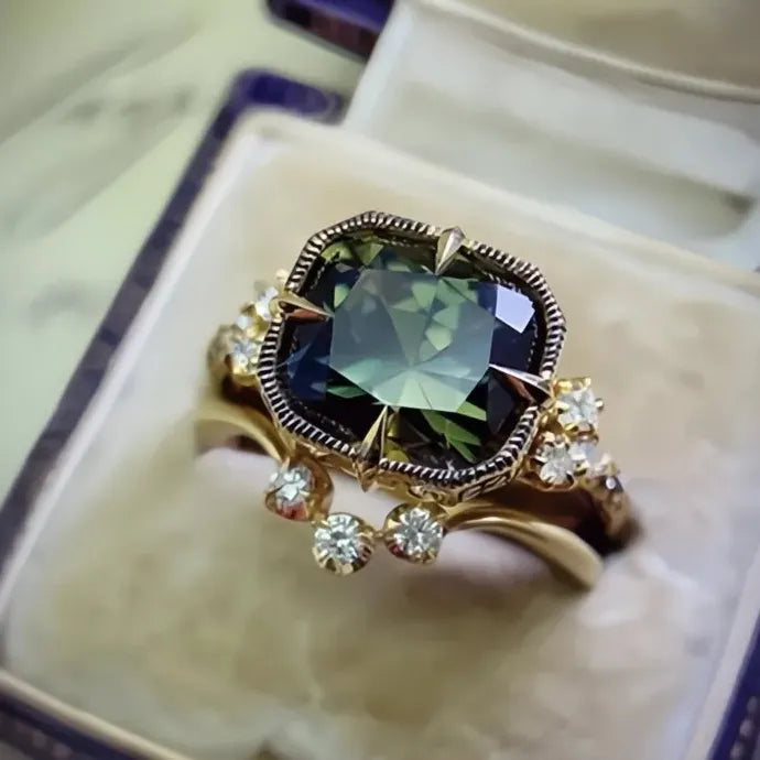 Green Stone 2-Piece Gold Color Bridal Wedding Rings Set Cubic Zirconia