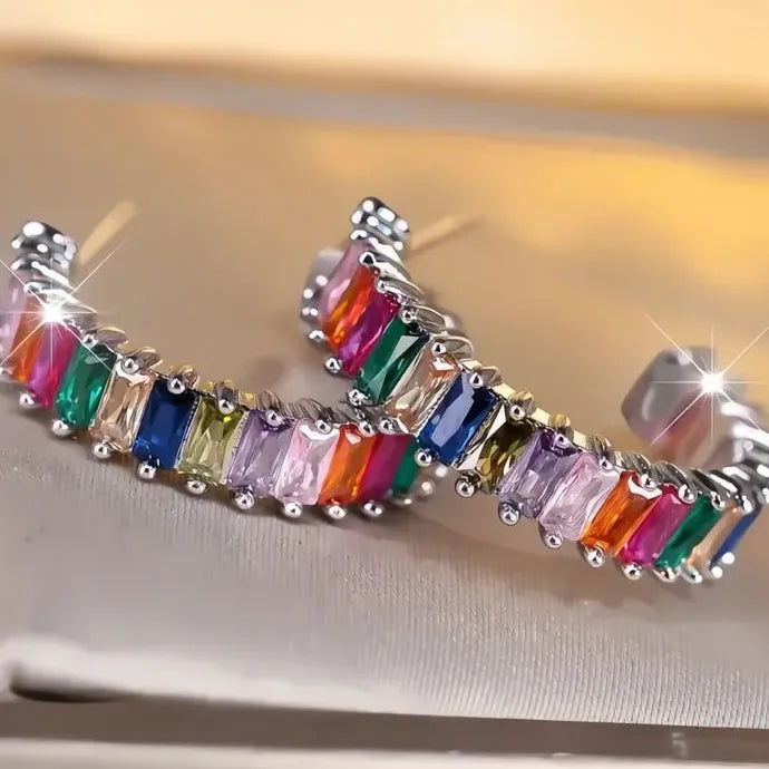 Women Geometric Hoop Earrings Silver Copper Alloy CZ Multi-Color Wedding Jewelry