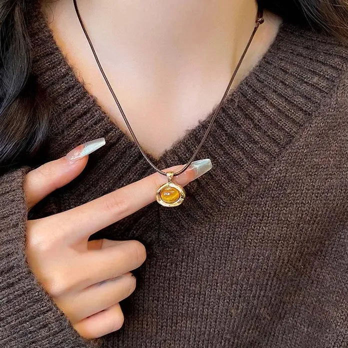 Brown Natural Stone Geometric Pendant Necklace with Leather Rope Chain