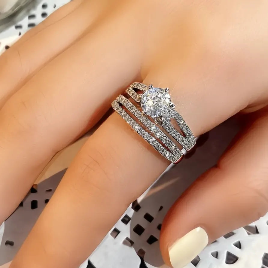 Luxury Wedding Rings for Women Iced Out AAA Cubic Zirconia Band Set