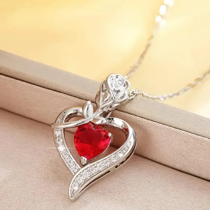 Red Heart Rose Flower CZ Pendant Necklace Copper Alloy Anniversary Gift for Women Mom