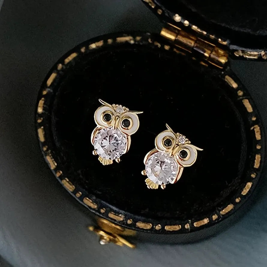 Gold Owl Stud Earrings Cute Night Owl CZ Copper Alloy Jewelry Gift for Women