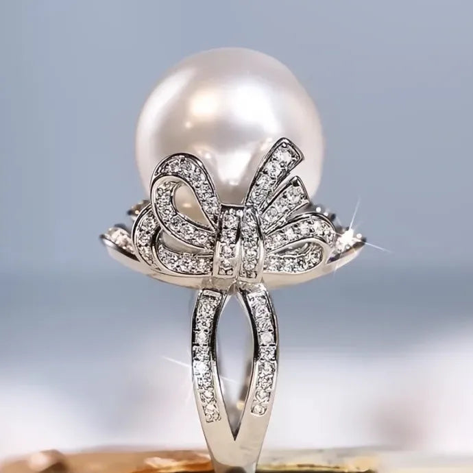 Bowknot Finger Ring with Simulated Pearl & CZ Brass Wedding Party Jewelry