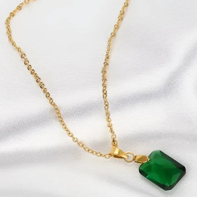 Gold Green Square Cubic Zirconia Pendant Necklace for Women Bridal Jewelry
