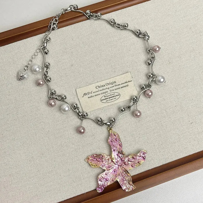 Vintage Purple Pink Starfish Flower Pearl Necklace with Zinc Alloy Pendant