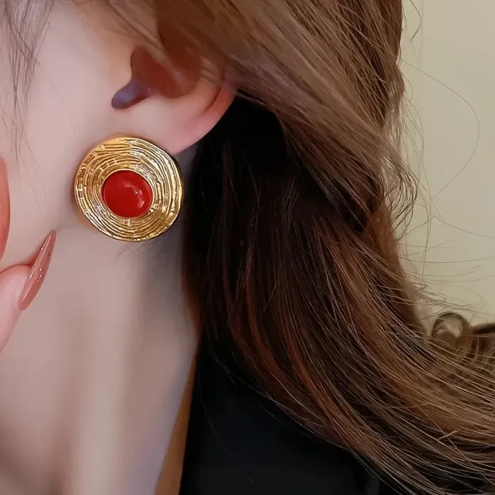 Big Round Red Stone Circle Stud Earrings Brass Acrylic Jewelry for Women
