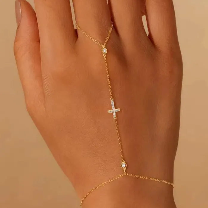 Copper Metal Cross Bracelet for Women Crystal Zircon Bead Chain Bangle Jewelry