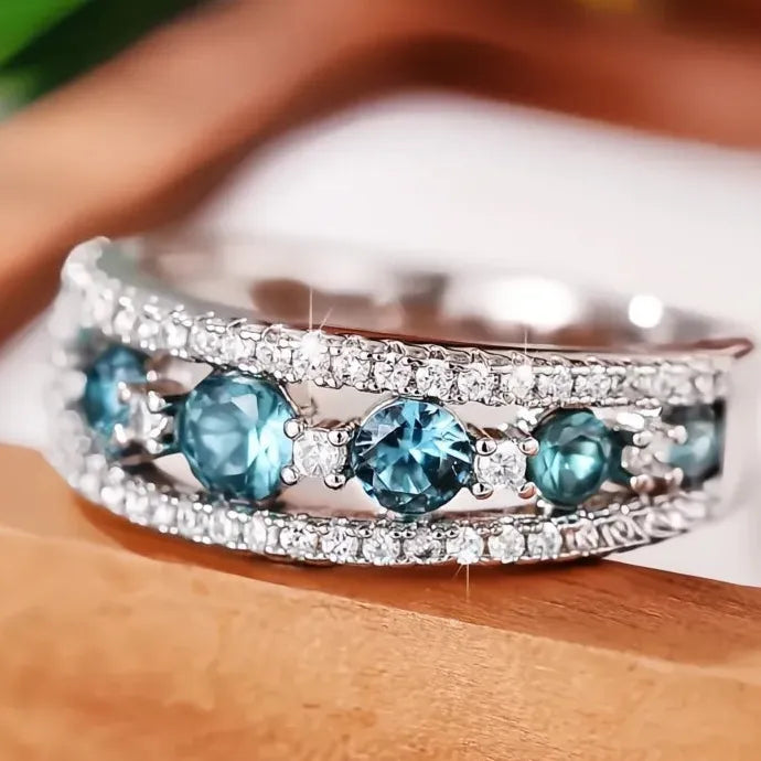 Blue White Cubic Zirconia Geometric Brass Wedding Band Ring for Women