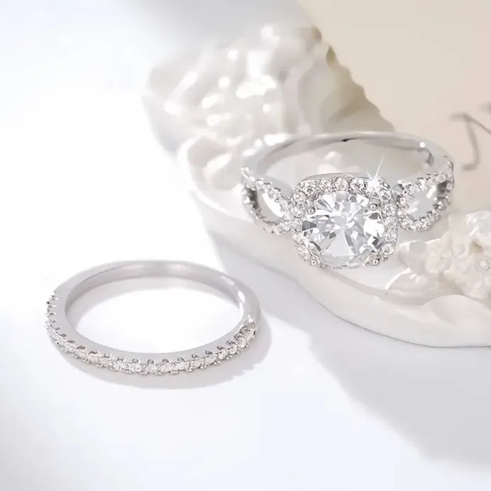 Brass Cubic Zirconia Wedding Band Set Delicate Promise Rings