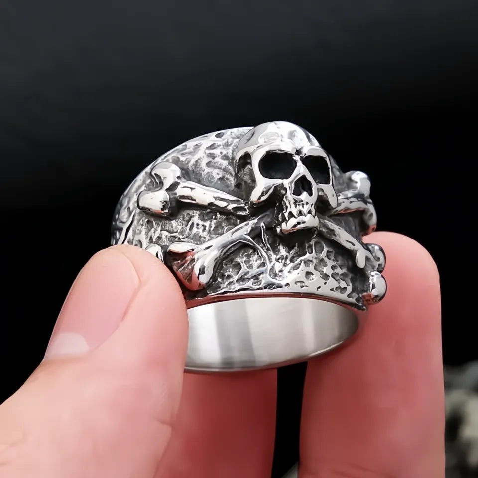 Punk Vintage Stainless Steel Pirate Skull Crossbones Ring for Men Boys Biker Hip Hop Jewelry Gift
