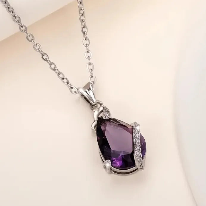 Purple Pear Cubic Zirconia Pendant Necklace for Women Anniversary Gift