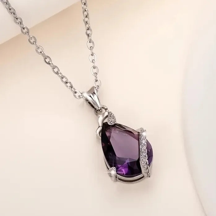 Purple Pear CZ Pendant Necklace for Women Copper Alloy Anniversary Jewelry