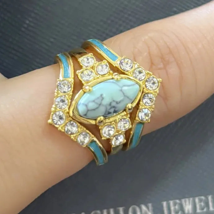 3 Pieces Women's Zinc Alloy Multilayer Hollow Turquoise Engagement Rings Set