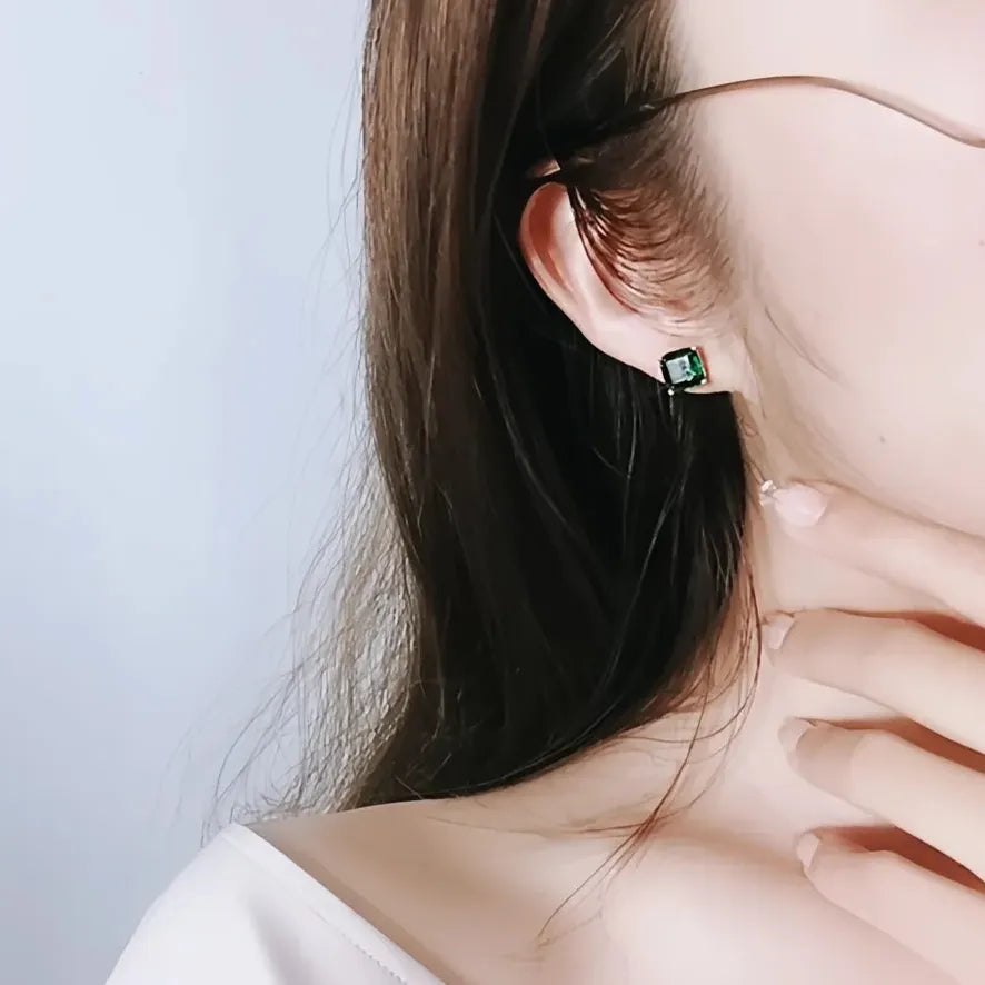 Green Cubic Zirconia Square Stud Earrings for Women in Copper Alloy