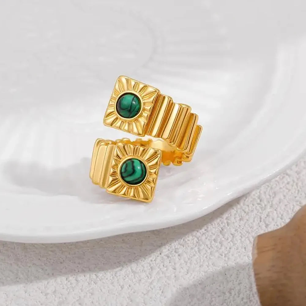 Geometric Stainless Steel Statement Ring for Women with Natural Turquoise Vintage Jewelry