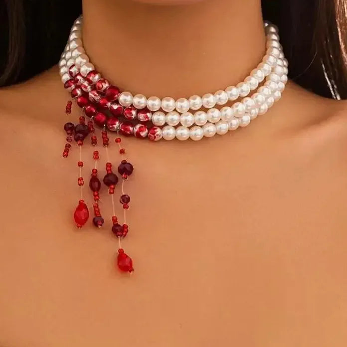 Vintage Red Blood Pattern Imitation Pearl Tassel Pendant Necklace for Women Goth Jewelry