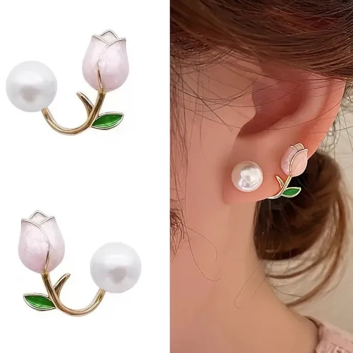 Pink Rose Geometric Stud Earrings with Simulated Pearl Copper Alloy Jewelry
