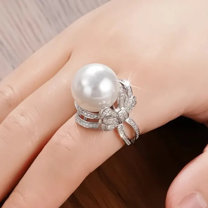 Bowknot Finger Ring with Simulated Pearl & CZ Brass Wedding Party Jewelry
