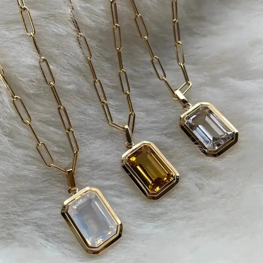 Retro Hip-Hop Multicolor Geometric Square Crystal Pendant Necklace Cuba Chain Women
