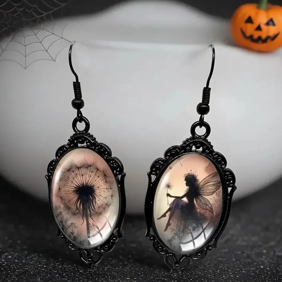 Asymmetric Black Dandelion Elf Fairy Gothic Oval Glass Zinc Alloy Earrings