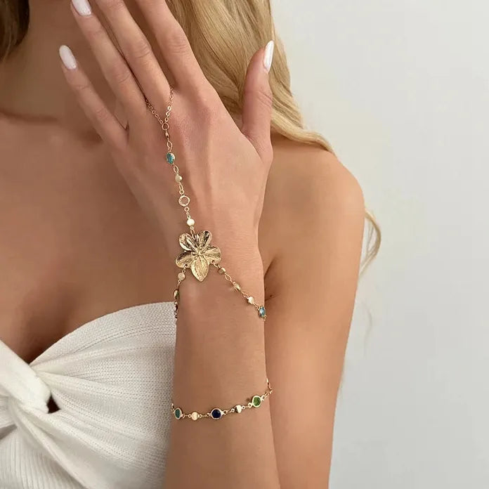 Boho Flower Pendant Necklace & Adjustable Crystal Chain Bracelet Set