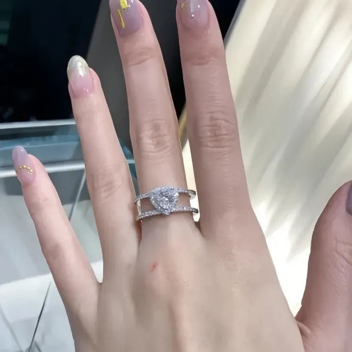 Double Layered Heart CZ Brass Ring Women Engagement Wedding Gift