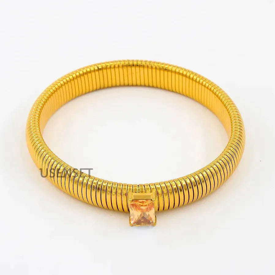 Hip Hop 18K Gold Plated Stainless Steel Wide Cuff Bracelet Crystal Bangle Jewelry
