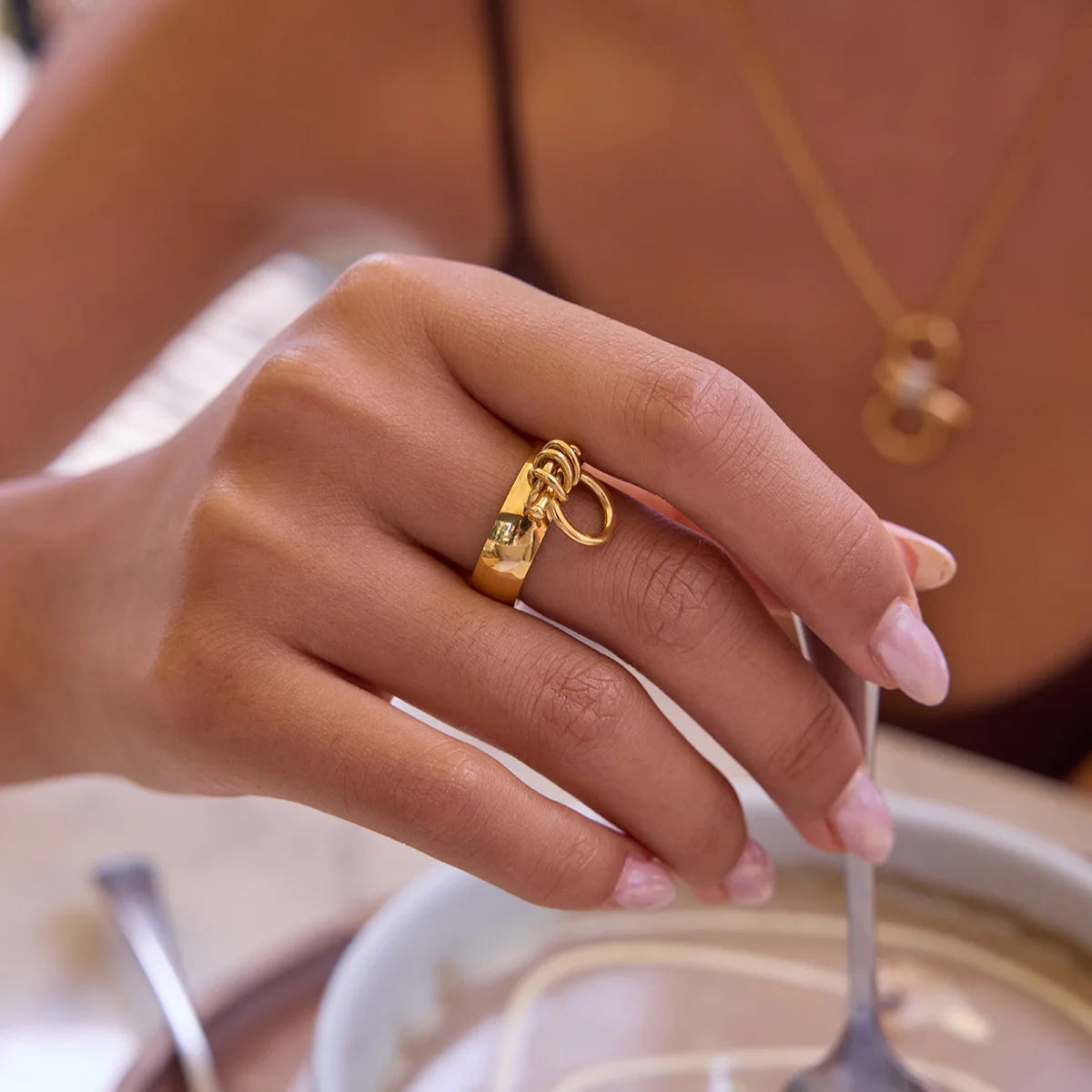 18K Gold Plated Geometric Punk Rock Knot Ring Stainless Steel Hypoallergenic Waterproof