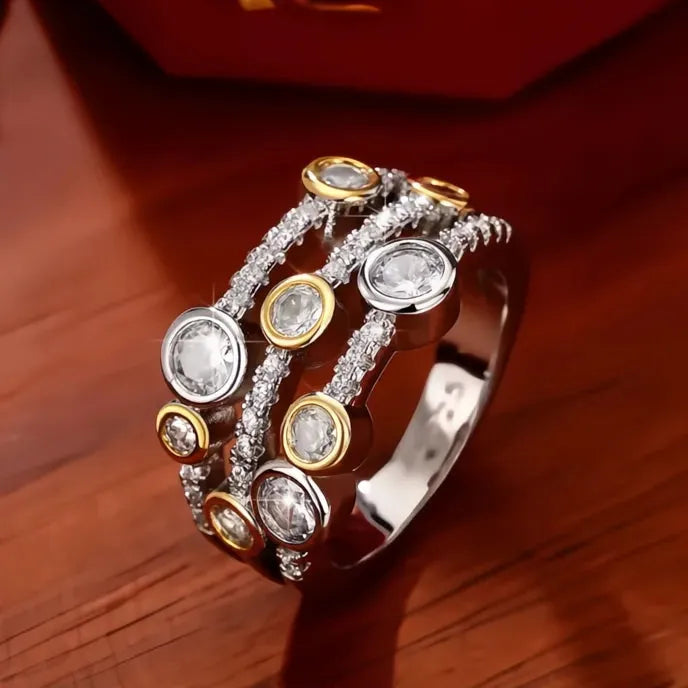 Personality Two Tone Three Line Women’s Wedding Band Ring Brass CZ Sparkling Fashion Jewelry