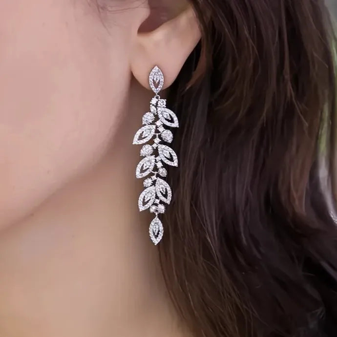 Leaf Shaped Long Drop Earrings with Cubic Zirconia Wedding Jewelry Copper Alloy
