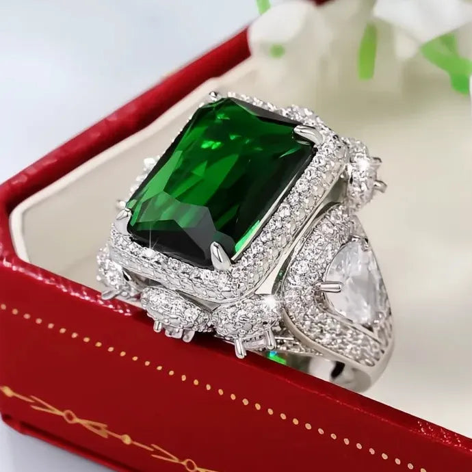 Green Cubic Zirconia Brass Ring Luxury Wedding Anniversary Jewelry Gift