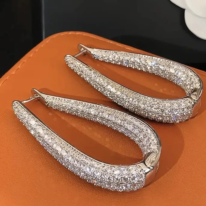 Silver Color Hoop Earrings for Women with Bright Cubic Zirconia, Fashion Party Jewelry Gift