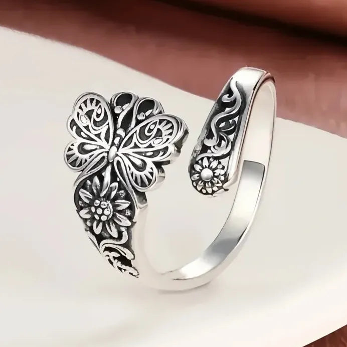 Elegant Women Silver Butterfly Flower Engraved Metal Ring Trendy Design