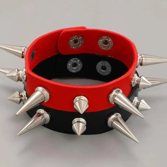 Punk Gothic Metal Spike Rivets Chain Cuff Bracelet Black PU Leather Adjustable Wristband