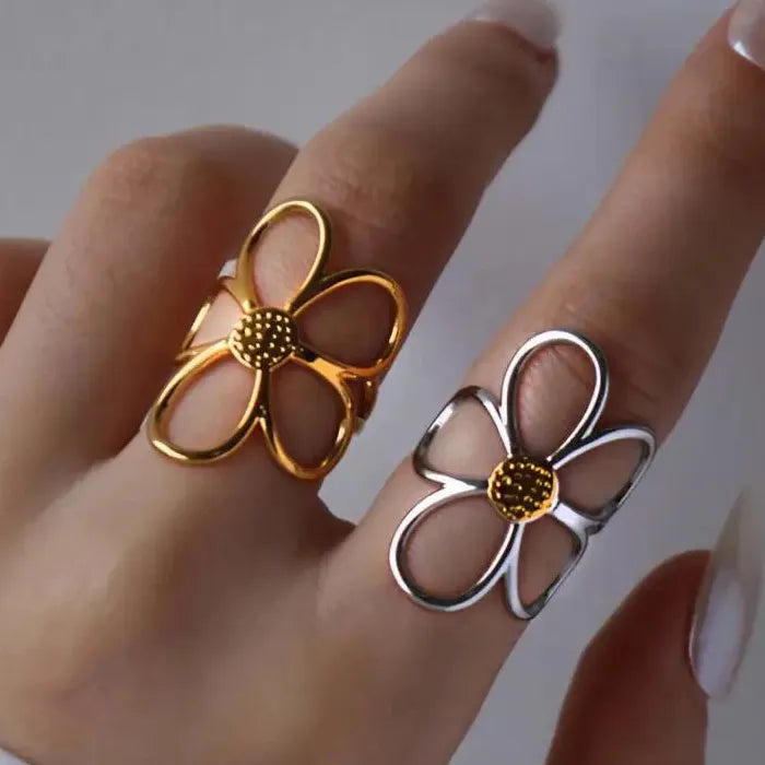 Stainless Steel Daisy Flower Ring for Women Gold Silver Open Stylish Jewelry Gift