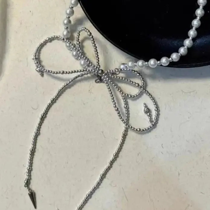 Punk Imitation Pearl Bowknot Hiphop Metal Bead Tassel Necklace Unisex